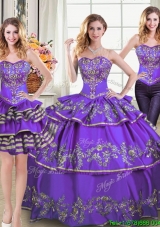 Elegant Puffy Sweetheart Taffeta Embroideried and Ruffled Layers Detachable Quinceanera Dress in Purple