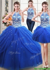Fashionable Two for One Puffy Halter Top Tulle Royal Blue Detachable Quinceanera Dress with Beading