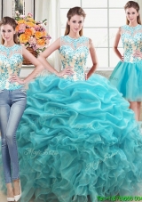 Two Piece Ruffled and Beaded Bodice Organza Detachable Quinceanera Dress in Aqua Blue