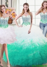 Best Selling Puffy White and Green Quinceanera Dress with Beading and Ruffles