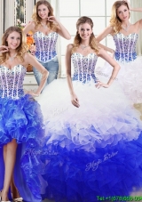 Luxurious Puffy Sweetheart Organza Beaded and Ruffled Quinceanera Dress in White and Blue
