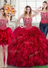 Gorgeous Puffy Sweetheart Beaded and Ruffled Red Detachable Quinceanera Dress with Brush Train