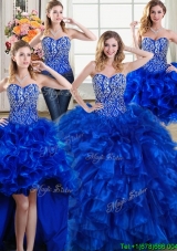 Modest Three for One Puffy Beaded and Ruffled Royal Blue Detachable Quinceanera Dress with Brush Train