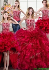 Three for One Puffy Brush Train Beaded and Ruffled Detachable Quinceanera Dress in Red