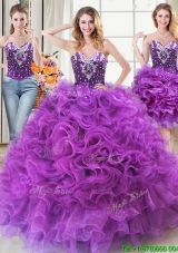 Classical Two for One Puffy Ruffled and Beaded Detachable Quinceanera Dress in Eggplant Purple