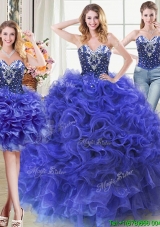 Popular Ball Gown Royal Blue Detachable Quinceanera Dress with Ruffles and Beading