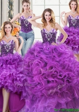Luxurious Puffy Ruffled and Beaded Detachable Quinceanera Dress in Eggplant Purple