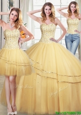 Low Price Sequined and Beaded Bodice Gold Detachable Quinceanera Dress in Tulle