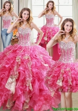 Wonderful Three for One Visible Boning Organza and Sequins Detachable Quinceanera Dress in Hot Pink