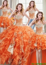 Discount Sweetheart Organza and Sequins Ruffled Detachable Quinceanera Dress in Orange