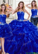 Cheap Strapless Organza Royal Blue Removable Quinceanera Dresses with Ruffles and Beading