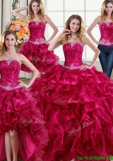 Romantic Ruffled and Beaded Strapless Fuchsia Detachable Quinceanera Gowns in Organza