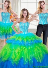 Hot Sale Visible Boning Rainbow Colored Detachable Quinceanera Dresses with Beading and Ruffled Layers