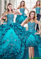 Latest Beaded Bodice and Embroideried Teal Removable Quinceanera Gowns with Bubbles