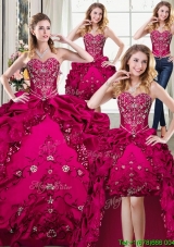 Beautiful Taffeta Embroideried and Bubble Sweetheart Detachable Quinceanera Dresses in Fuchsia