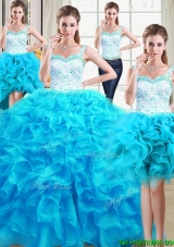 Cheap Ball Gown Straps Ruffled Laced Bodice Detachable Quinceanera Gowns in Baby Blue