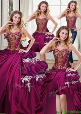 Fashionable Bubble Applique and Beaded Bodice Taffeta Removable Quinceanera Dresses in Burgundy