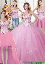Most Popular Beaded Sweetheart Rose Pink Removable Quinceanera Dresses in Tulle