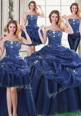 Cheap Applique and Pick Ups Removable Quinceanera Gowns in Navy Blue