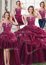 Latest Sweetheart Burgundy Removable Quinceanera Dresses with Appliques and Pick Ups