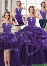 Popular Applique and Pick Ups Purple Detachable Quinceanera Dresses in Organza