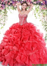2017 Sweet Ruffled and Beaded Red Quinceanera Dress in Organza