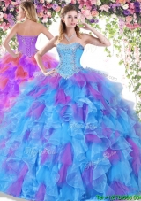 2017 Unique Beaded and Ruffled Big Puffy Quinceanera Dress in Organza