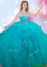2017 See Through High Neck Teal Quinceanera Dress with Beading and Ruffles