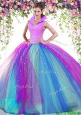 2017 Fashionable High Neck Beaded Quinceanera Dress in Rainbow