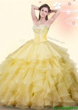 Popular Beaded and Ruffled Big Puffy Quinceanera Dress in Yellow