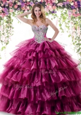 2017 Discount Organza Fuchsia Quinceanera Dress with Beading and Ruffled Layers
