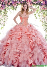 2017 Latest Orange Red Big Puffy Quinceanera Dress with Ruffles and Beading