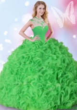 2017 Sweet Beaded and Ruffled Spring Green Quinceanera Dress in Organza