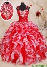 Lovely Straps Open Back Beaded and Ruffled Quinceanera Dress in Red and White
