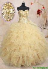 Best Sequined and Ruffled Decorated Champagne Sweet 16 Dress in Organza