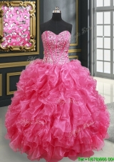 2017 Hot Sale Visible Boning Beaded Bodice Hot Pink Quinceanera Dress with Ruffles