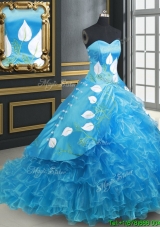 2017 Top Seller Brush Train Baby Blue Quinceanera Dress with Embroidery and Ruffled Layers
