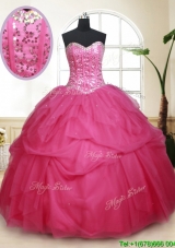 Exclusive Visible Boning Beaded Top Hot Pink Quinceanera Dress in Tulle