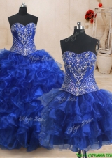 Popular Brush Train Beaded and Ruffled Detachable Quinceanera Dress in Royal Blue