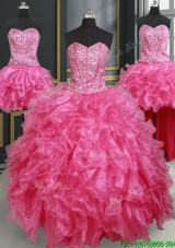 Best Three Piece Visible Boning Hot Pink Quinceanera Gowns with Beaded Bodice