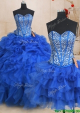 New Style Blue Detachable Quinceanera Gowns with Ruffled and Beaded Bodice
