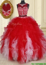Elegant Two Piece See Through Scoop Red and White Quinceanera Dress with Beading