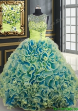 Gorgeous See Through Scoop Brush Train Yellow Green Quinceanera Dress in Rolling Flowers