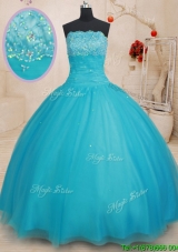 Fashionable Really Puffy Strapless Aqua Blue Quinceanera Dress with Beading