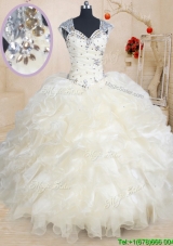 Latest Beaded and Ruffled Champagne Quinceanera Dress with Cap Sleeves