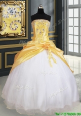 New Arrivals Handcrafted Flower Yellow and White Quinceanera Dress in Organza and Taffeta