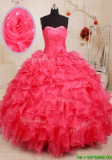 Classical Beaded Coral Red Quinceanera Dress with Ruffles and Handcrafted Flower