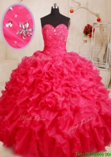 Gorgeous Big Puffy Beaded and Ruffled Coral Red Quinceanera Dress in Organza