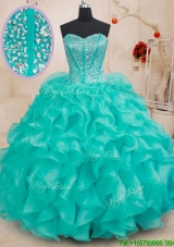 Affordable Visible Boning Beaded Bodice and Ruffled Turquoise Quinceanera Gown