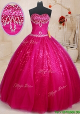 Top Seller Big Puffy Beaded and Sequined Fuchsia Quinceanera Dress in Tulle
